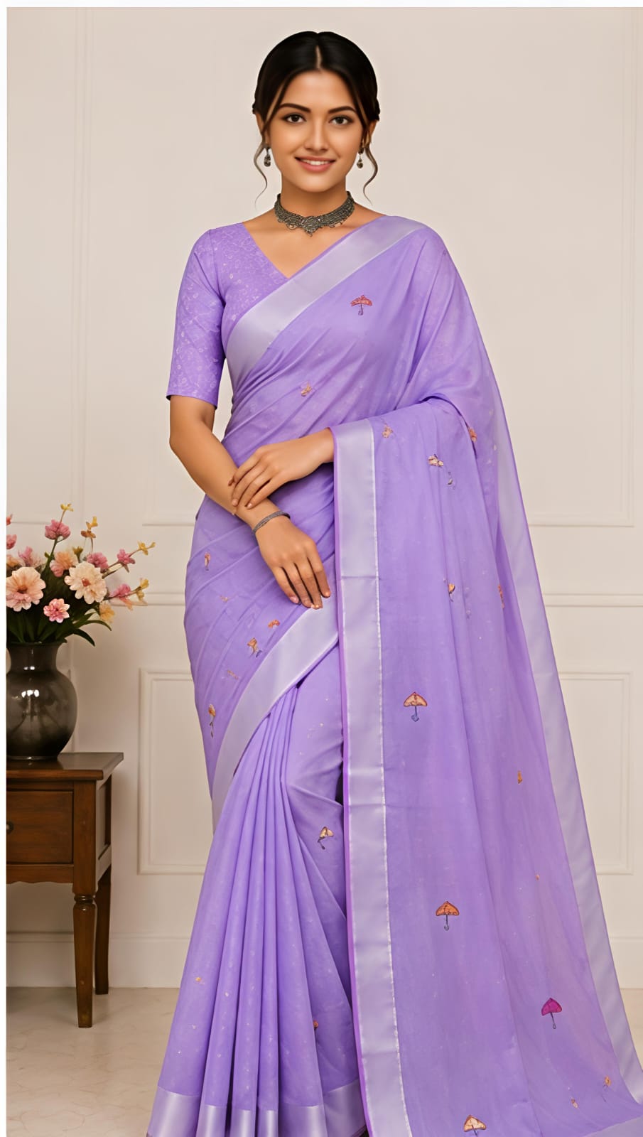 Lavender Umbrella Print Linen Cotton Saree