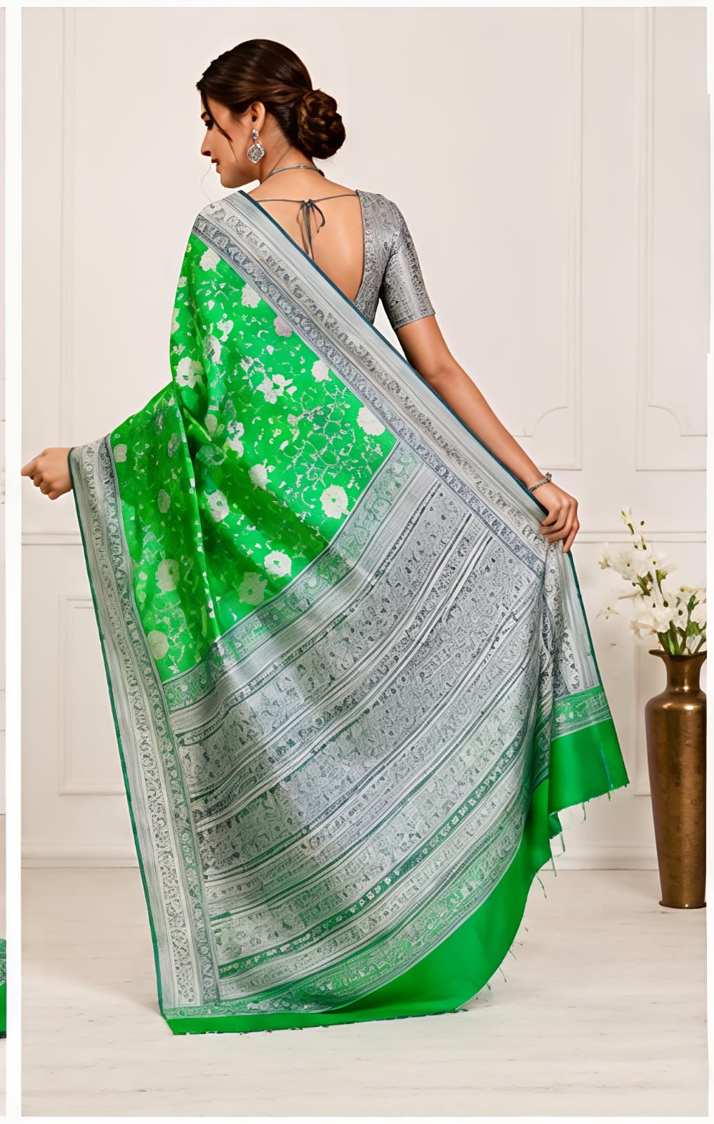 Emerald Green Floral Printed Grape Silk Saree