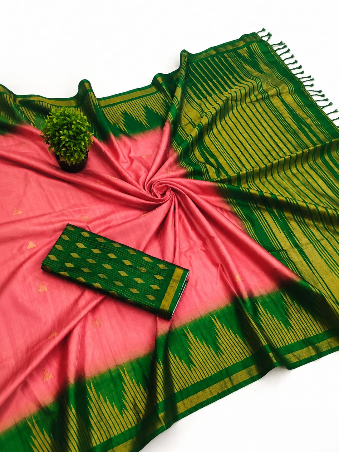 Pink Silk Saree with Green & Gold Border