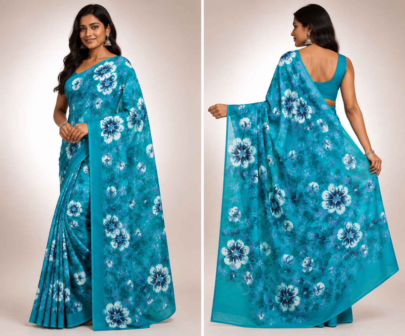 Cotton Mixed Teal-blue Saree