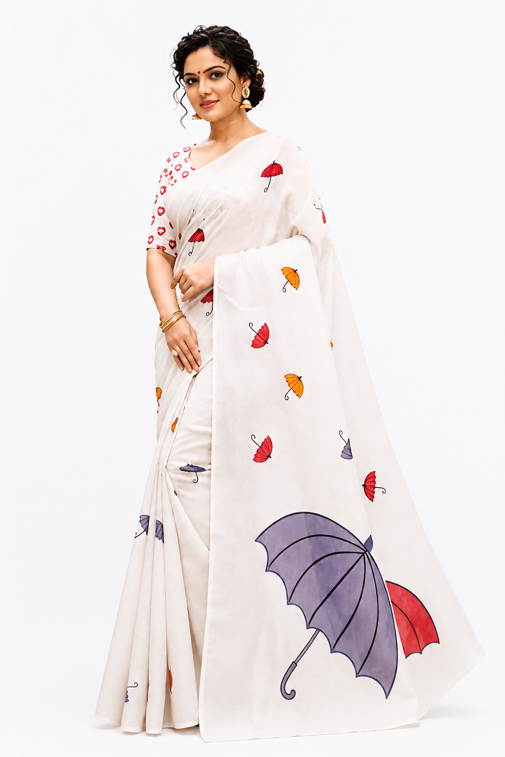 Off White Umbrella Print Linen Cotton Saree