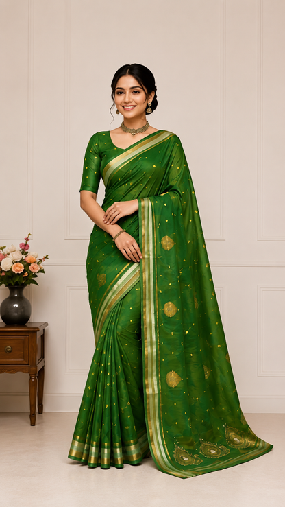 Bottle Green Printed Saree