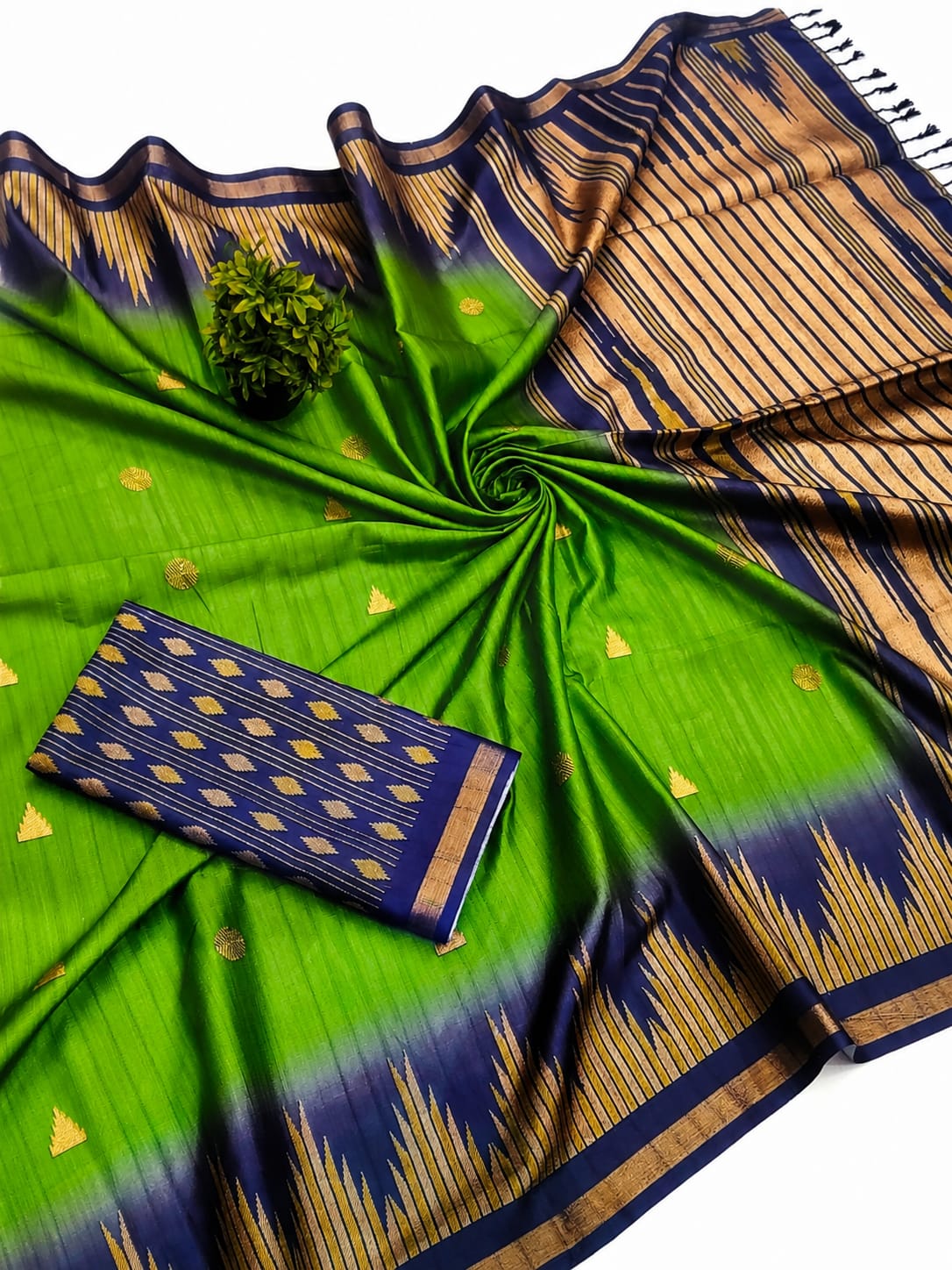 Parrot Green & Navy Blue Soft Silk Saree