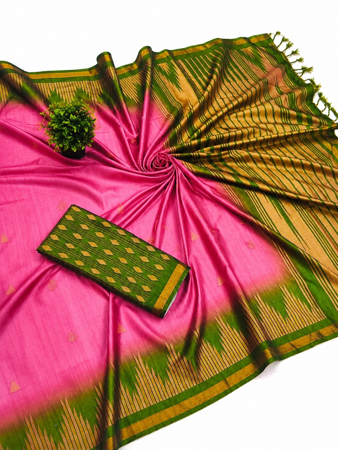 Pink & Olive Green Soft Silk Saree