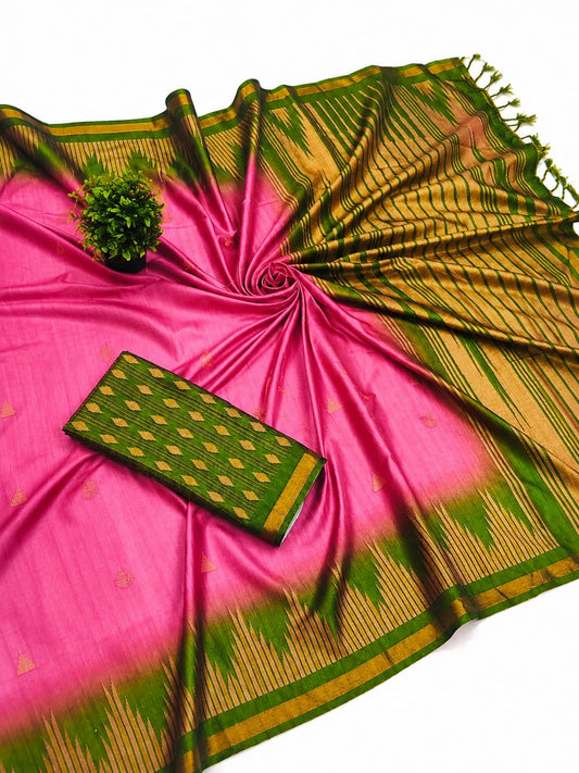 Pink & Olive Green Soft Silk Saree