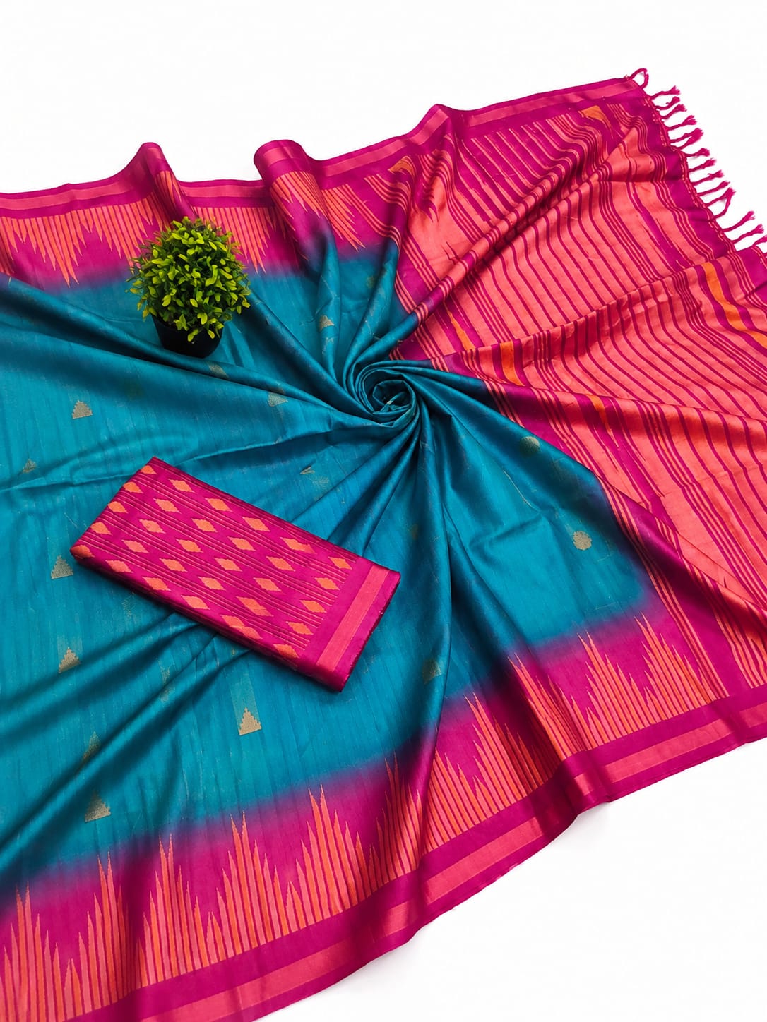 Teal Blue & Rani Pink Soft Silk Saree