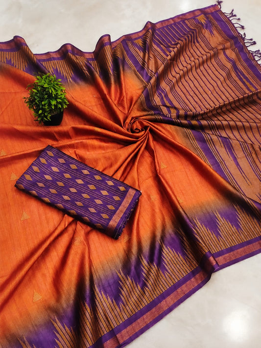 Copper Orange & Royal Purple Soft Silk Saree