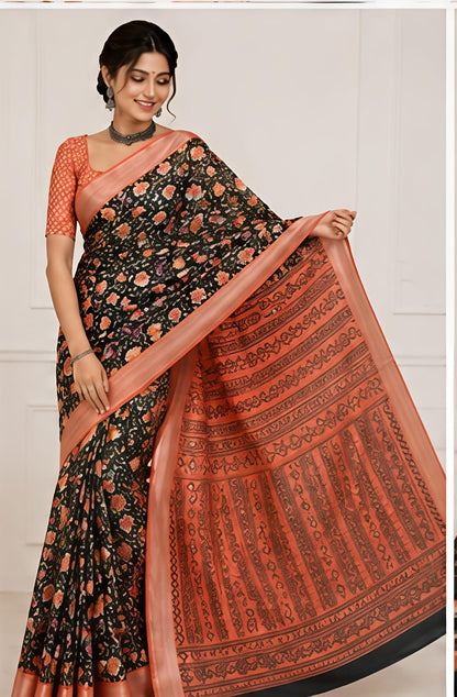 Dark Green Floral Printed Linen Cotton Saree