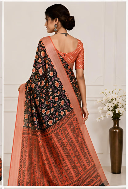 Dark Green Floral Printed Linen Cotton Saree