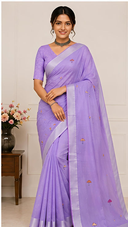 Lavender Umbrella Print Linen Cotton Saree