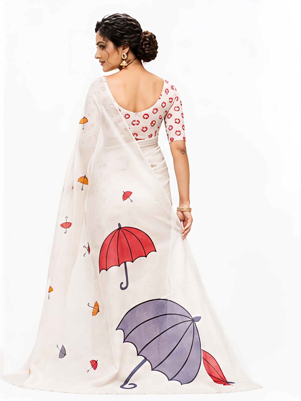 Off White Umbrella Print Linen Cotton Saree