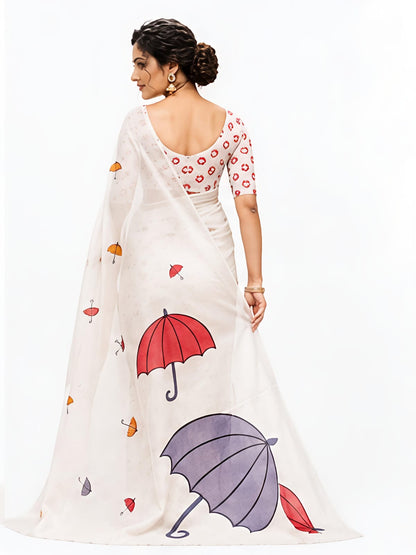 Off White Umbrella Print Linen Cotton Saree