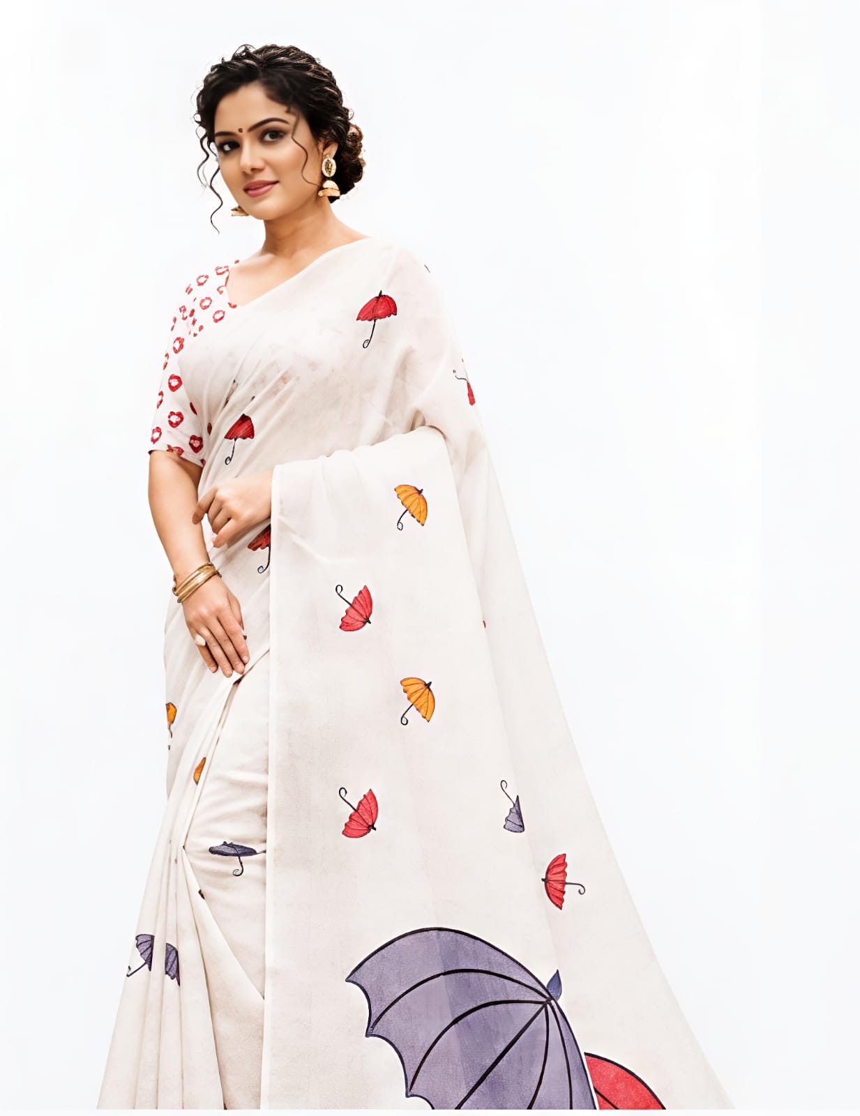 Off White Umbrella Print Linen Cotton Saree