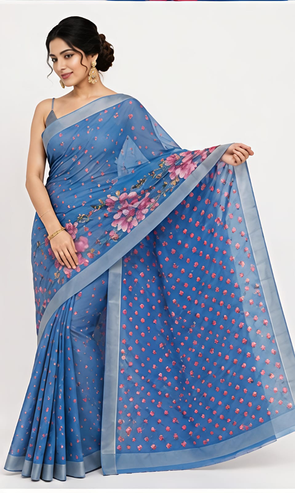 Steel Blue Floral Printed Linen Cotton Saree