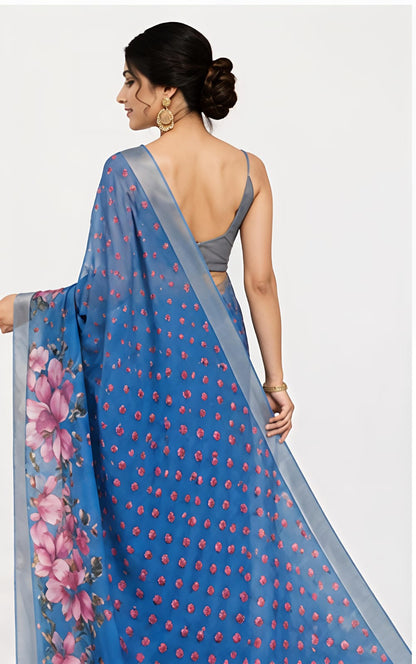 Steel Blue Floral Printed Linen Cotton Saree