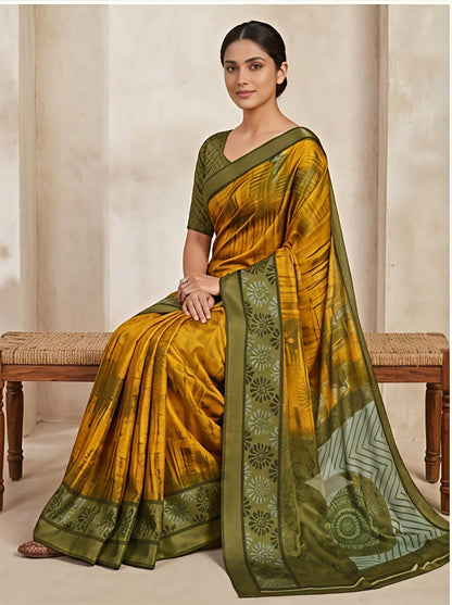 Mustard Yellow Printed Grape Silk Saree