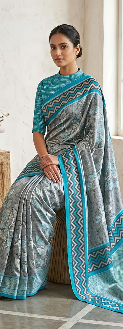 Grey Floral Print Grape Silk Saree