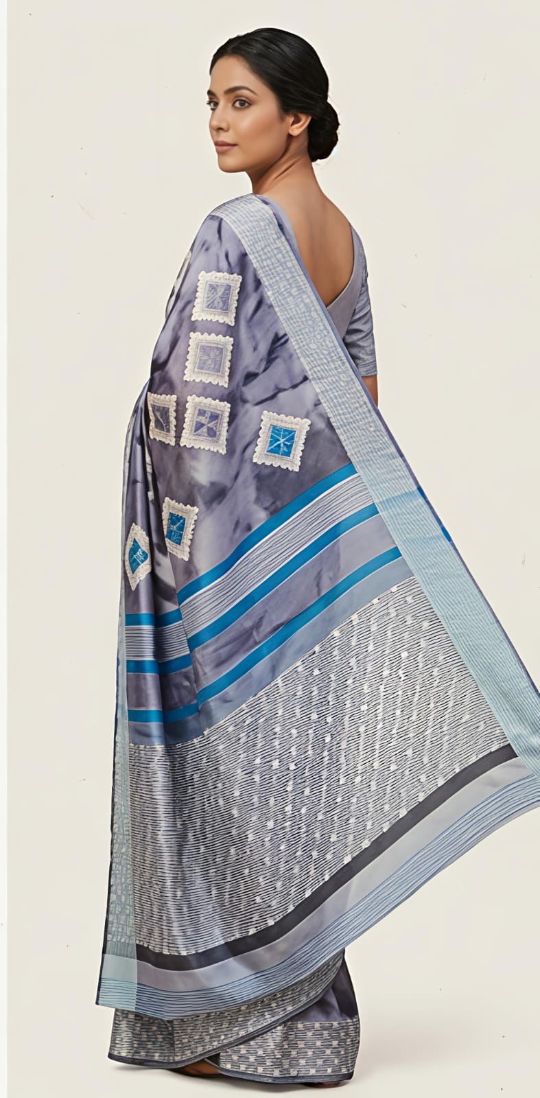 Slate Grey Abstract Printed Grape Silk Saree