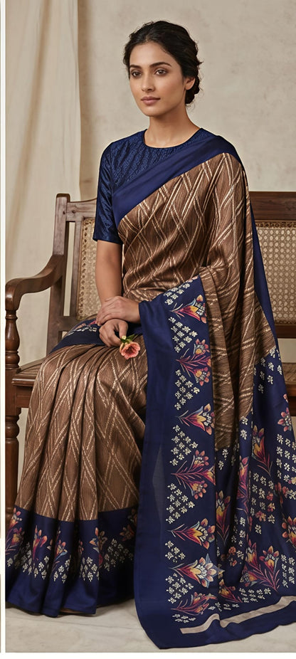 Brown & Navy Blue Printed Grape Silk Saree