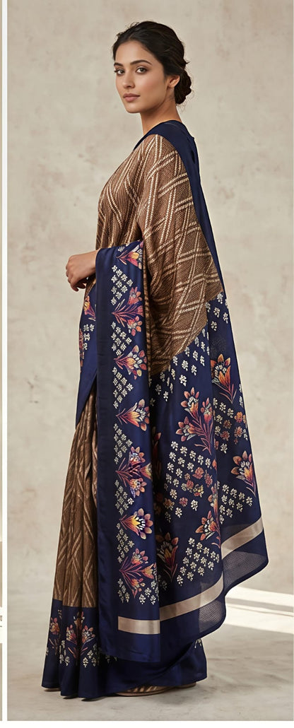 Brown & Navy Blue Printed Grape Silk Saree