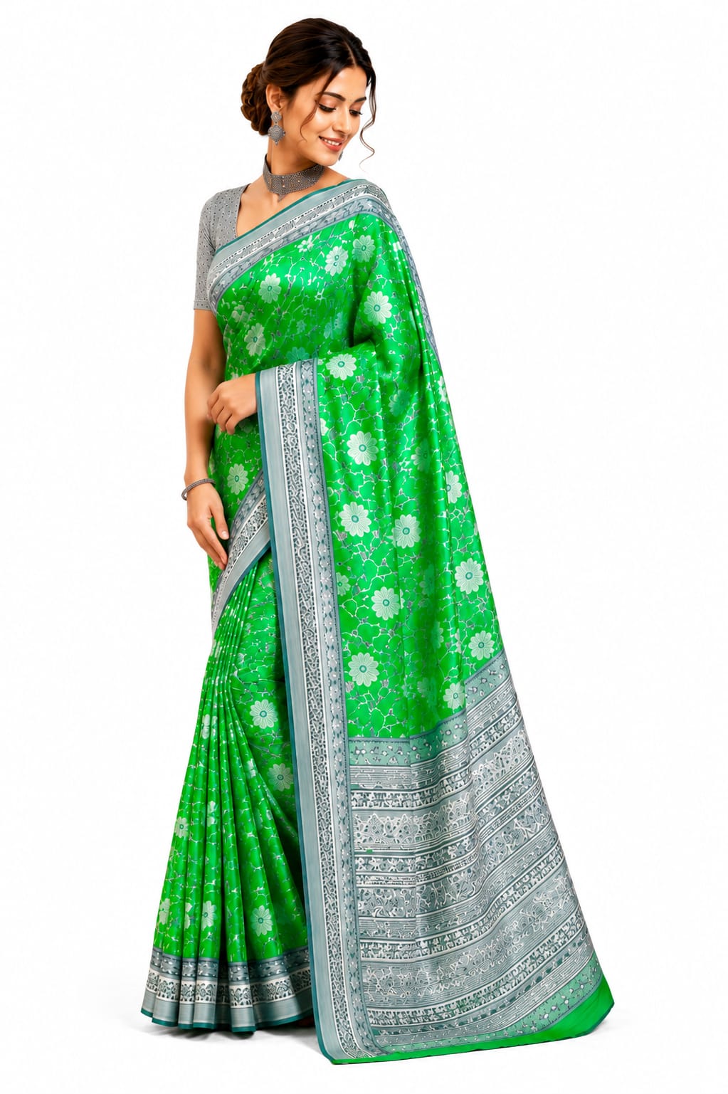 Emerald Green Floral Printed Grape Silk Saree