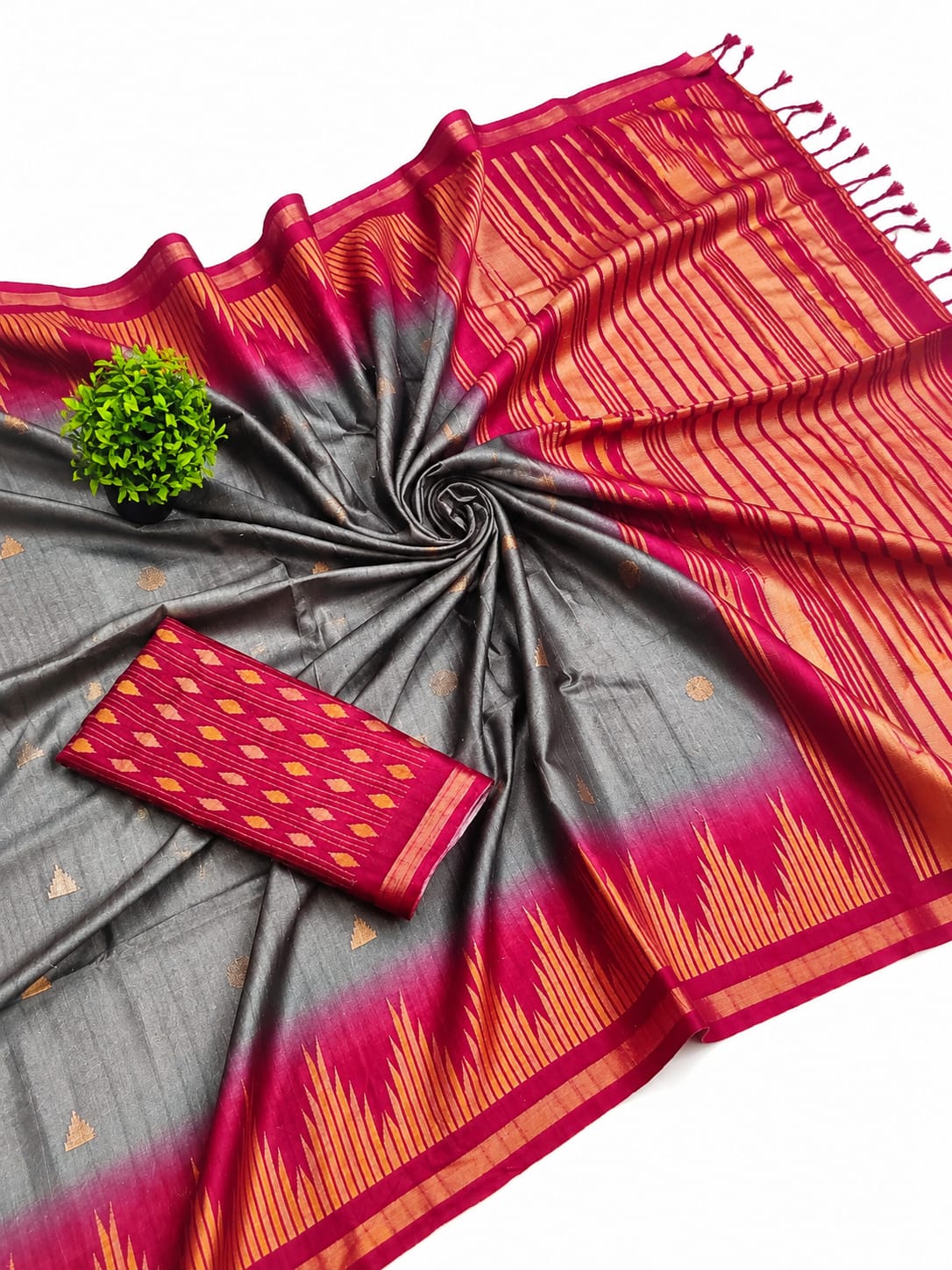 Grey Silk Saree with Magenta Pink & Gold Border