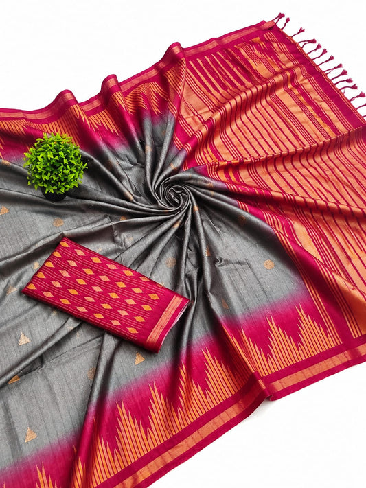 Grey Silk Saree with Magenta Pink & Gold Border
