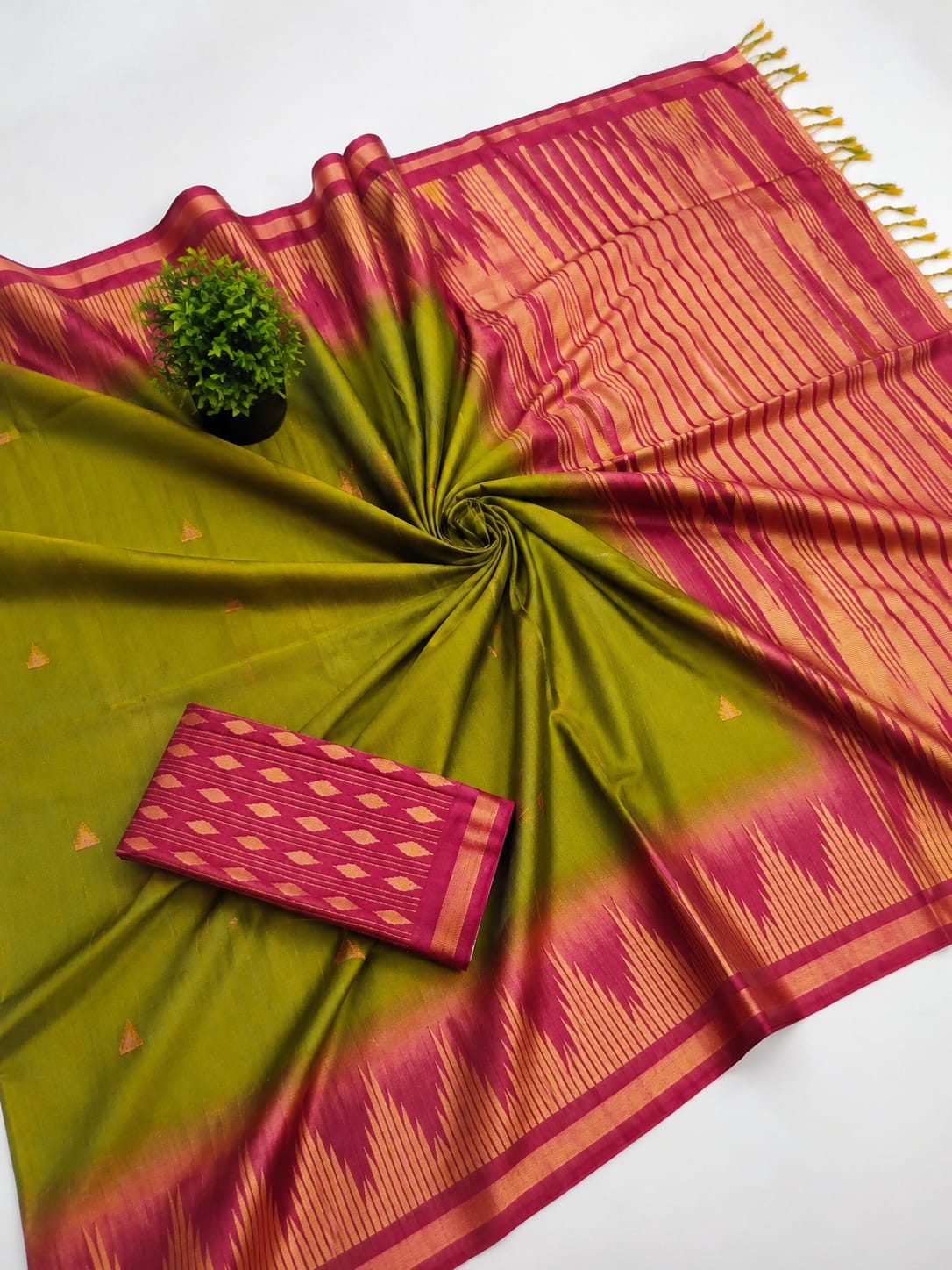 Olive Green Traditional Silk Saree with Rich Pink and Gold Zari Border