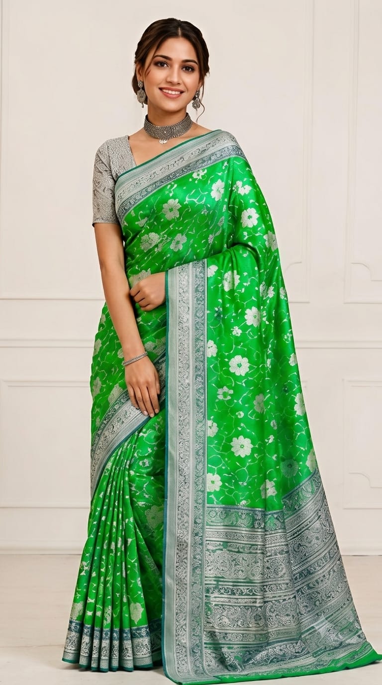 Emerald Green Floral Printed Grape Silk Saree