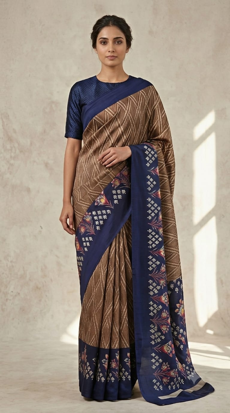 Brown & Navy Blue Printed Grape Silk Saree