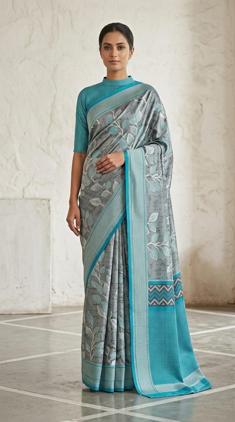 Grey Floral Print Grape Silk Saree