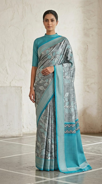 Grey Floral Print Grape Silk Saree