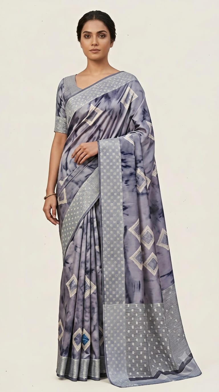 Slate Grey Abstract Printed Grape Silk Saree