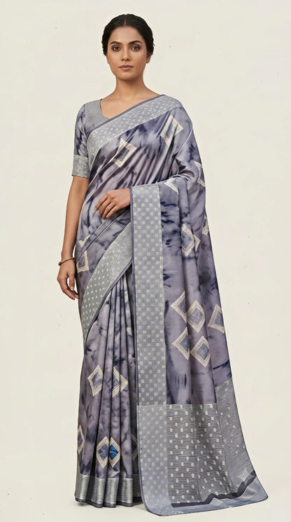 Slate Grey Abstract Printed Grape Silk Saree