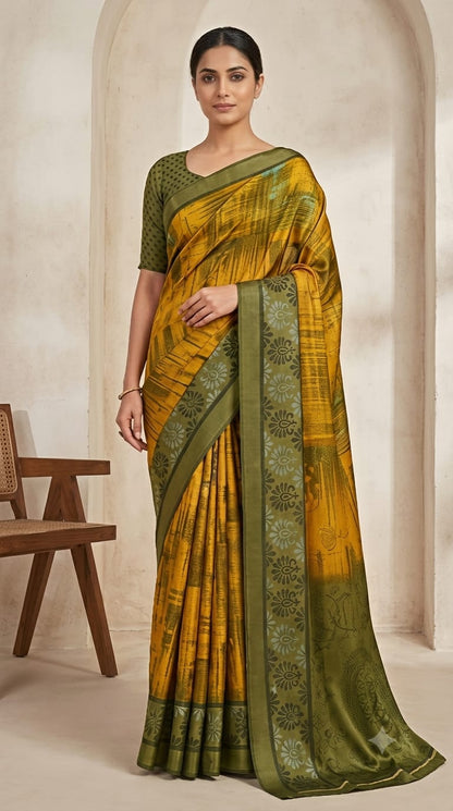 Mustard Yellow Printed Grape Silk Saree