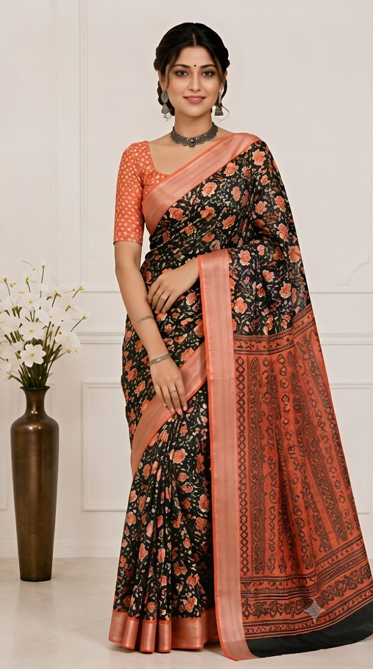 Dark Green Floral Printed Linen Cotton Saree