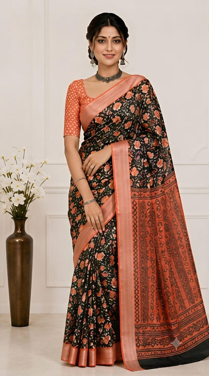 Dark Green Floral Printed Linen Cotton Saree