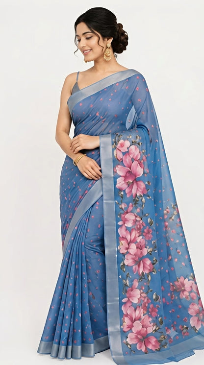 Steel Blue Floral Printed Linen Cotton Saree