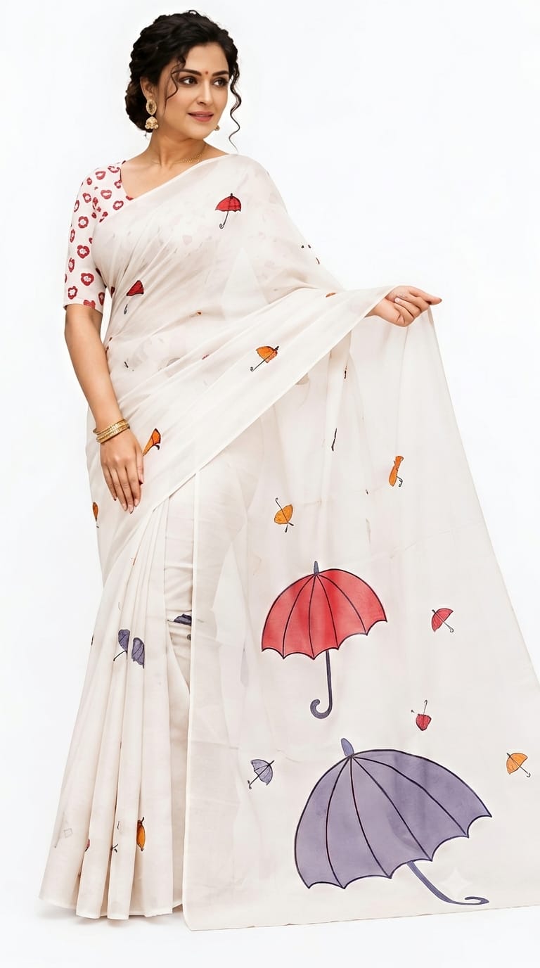 Off White Umbrella Print Linen Cotton Saree