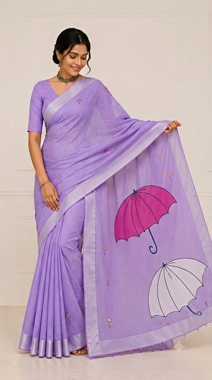 Lavender Umbrella Print Linen Cotton Saree