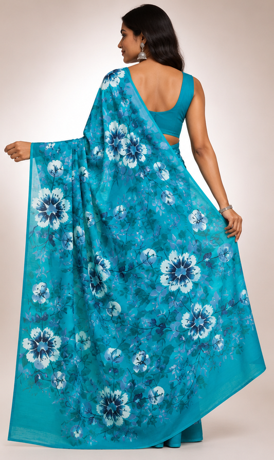 Cotton Mixed Teal-blue Saree