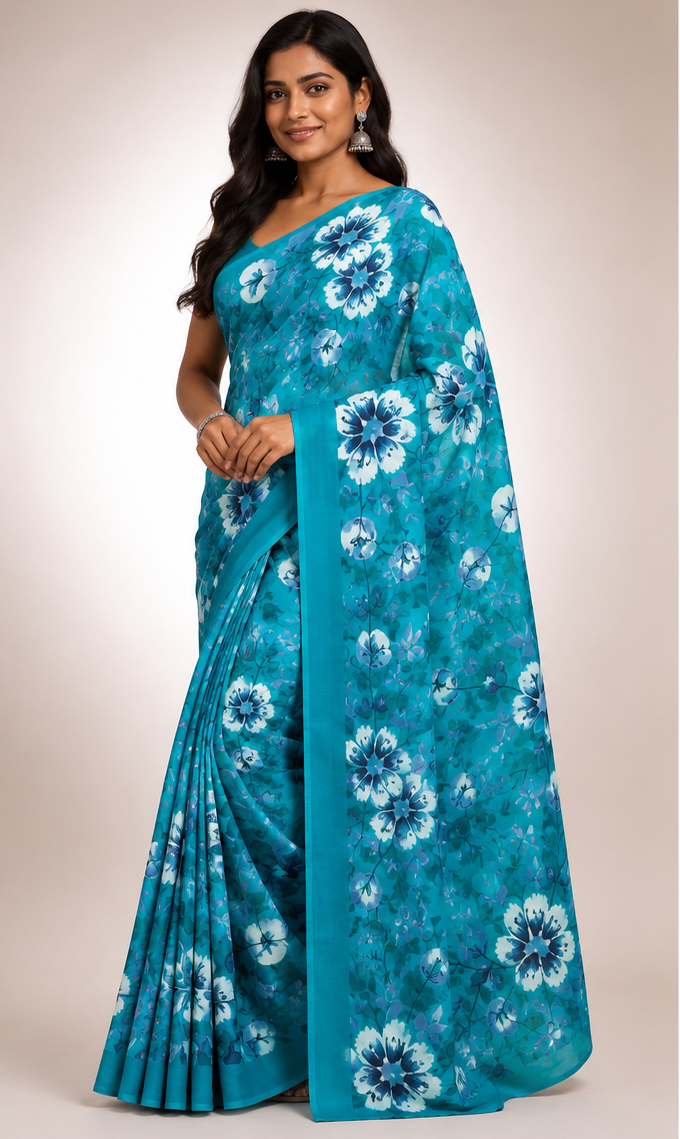 Cotton Mixed Teal-blue Saree