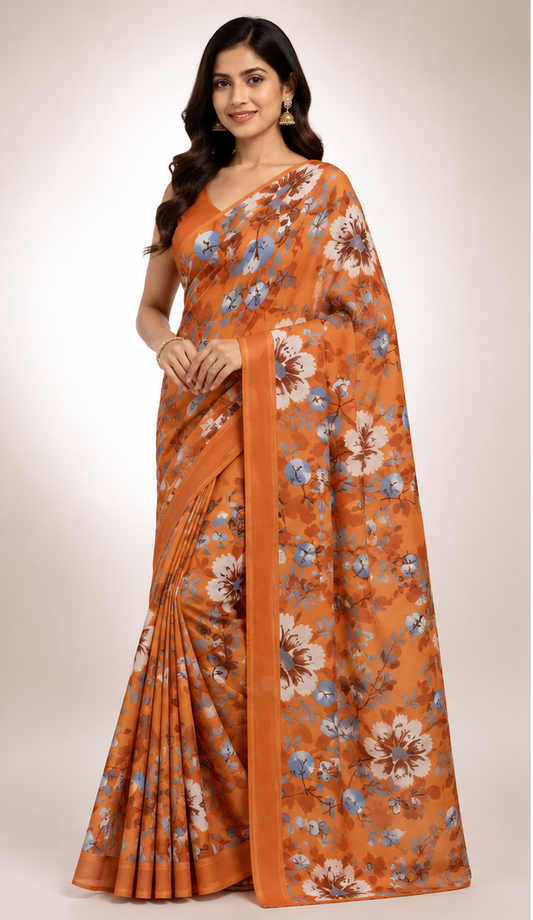 Cotton Mixed Orange Colour Saree