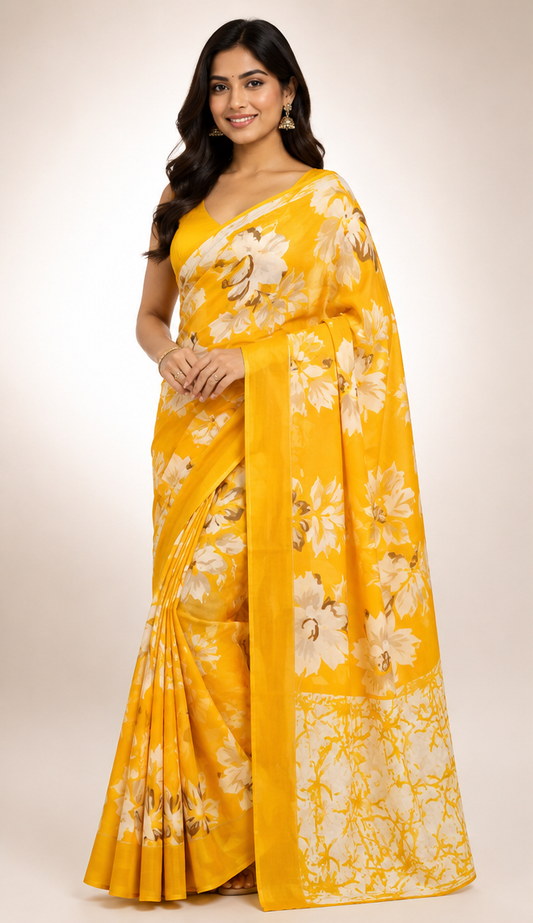 Cotton Mixed Yellow Colour Saree